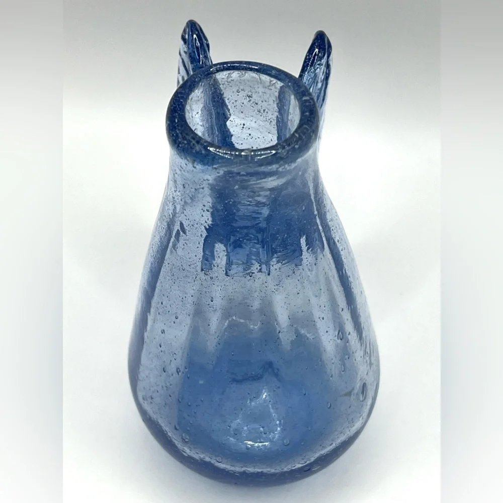 Handblown Small Blue Art Glass Bud Angel Wings Flower Vase 4.5 in Height